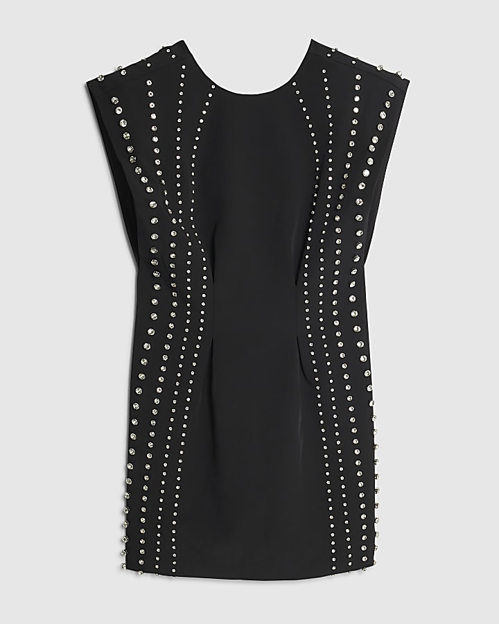 Black Shoulder Pad Studded Mini Dress