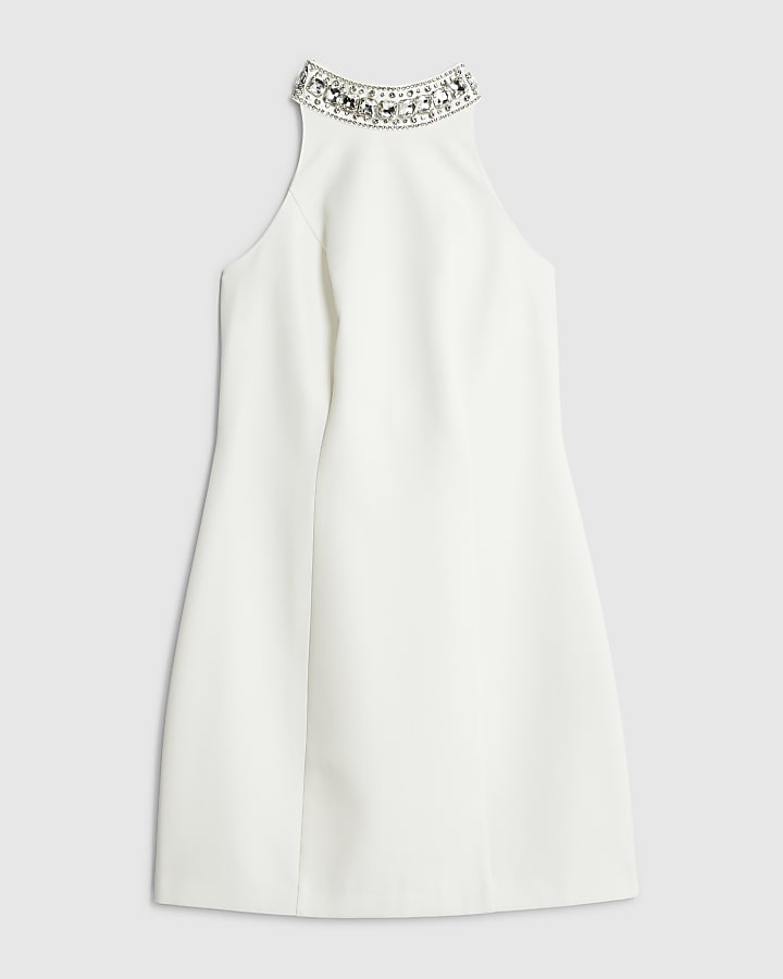 White Halter neck Embellished Mini Dress