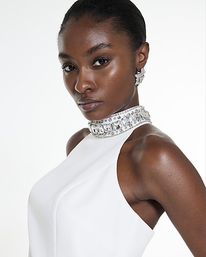 White Halter neck Embellished Mini Dress