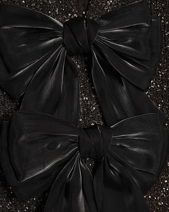 Brown Sequin Knit Bow Cardigan