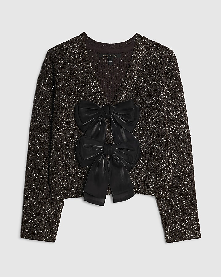 Brown Sequin Knit Bow Cardigan