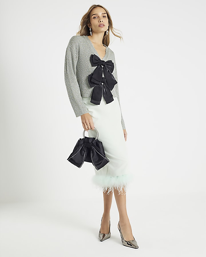 Green Sequin Knit Bow Cardigan