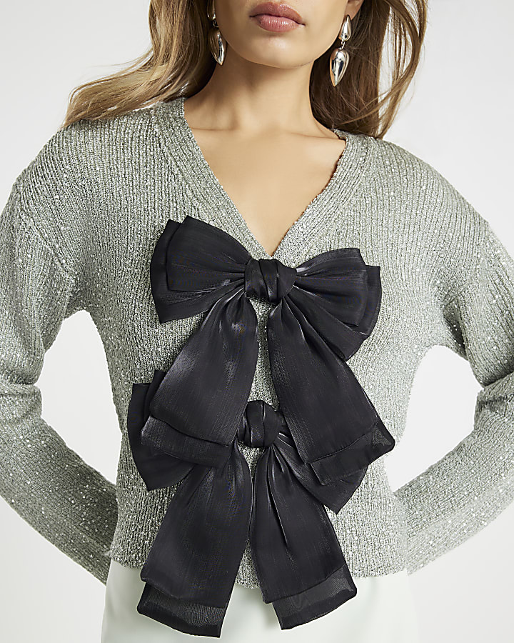 Green Sequin Knit Bow Cardigan