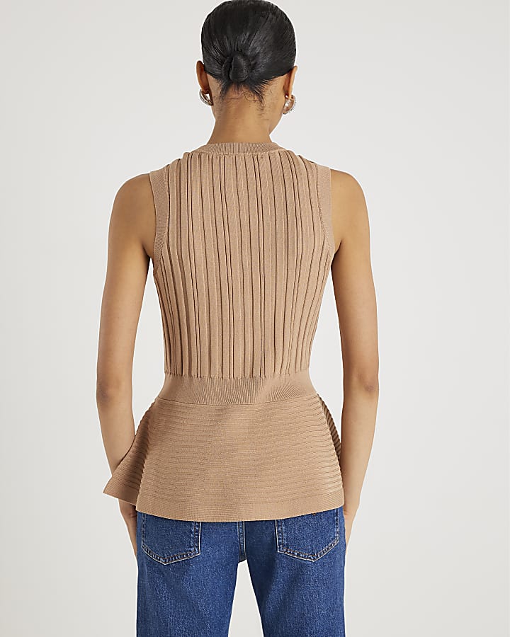 Brown Knit Sleeveless Ribbed Peplum Top