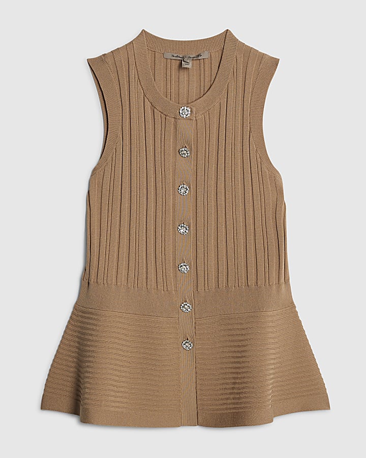 Brown Knit Sleeveless Ribbed Peplum Top