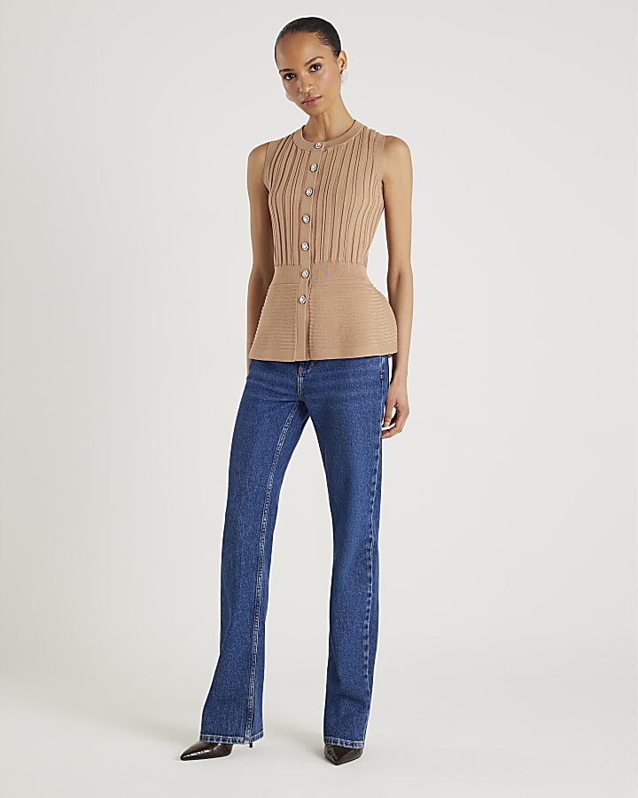 Brown Knit Sleeveless Ribbed Peplum Top