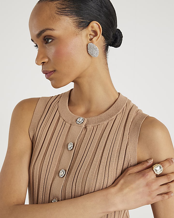 Brown Knit Sleeveless Ribbed Peplum Top