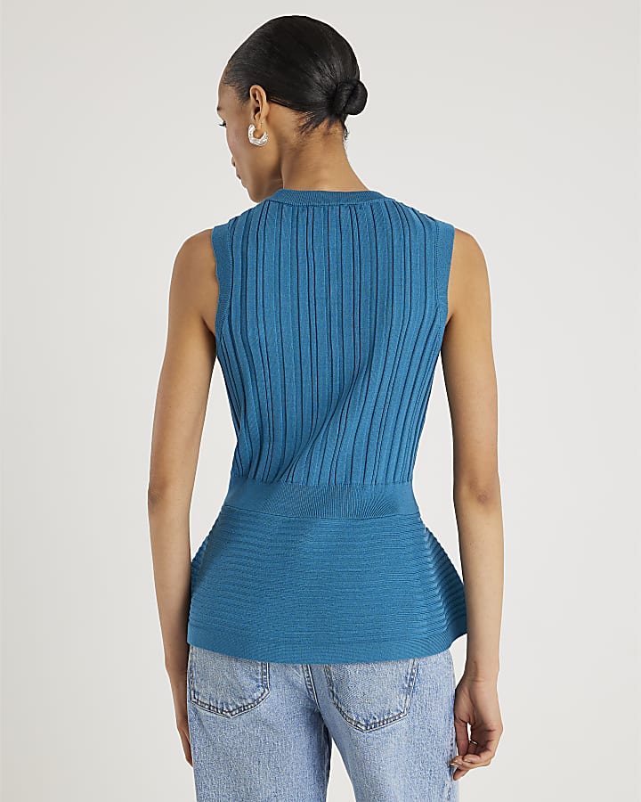 Blue Knit Sleeveless Ribbed Peplum Top