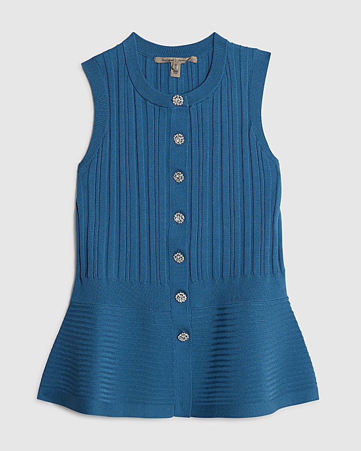 Blue Knit Sleeveless Ribbed Peplum Top