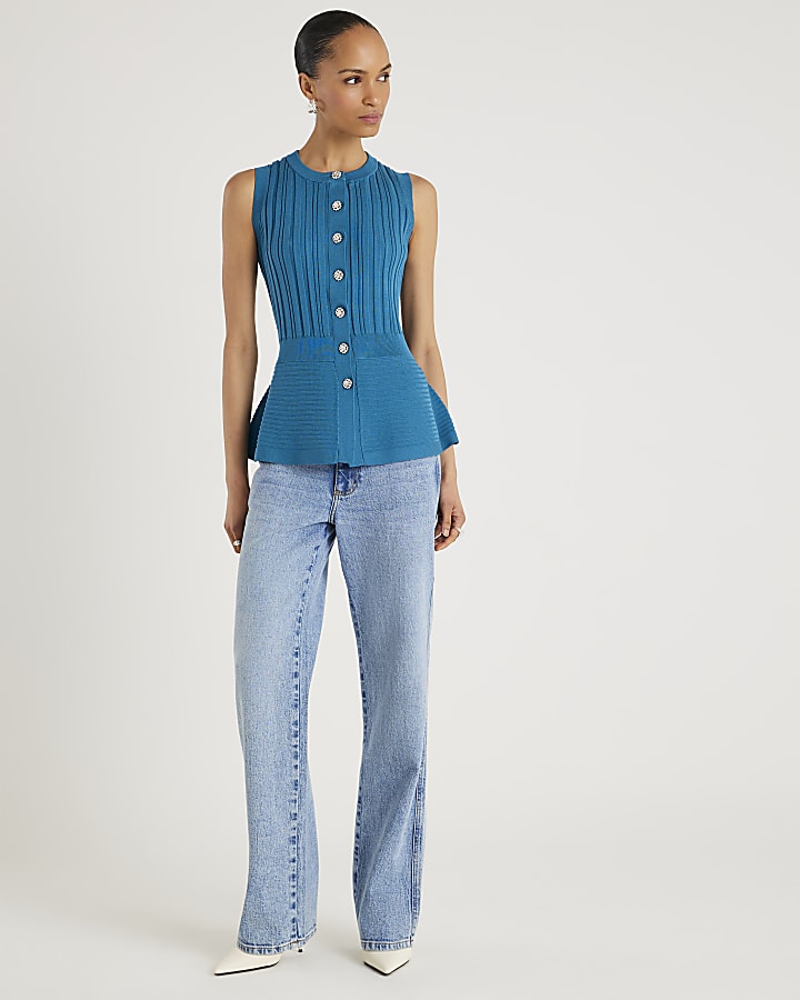 Blue Knit Sleeveless Ribbed Peplum Top