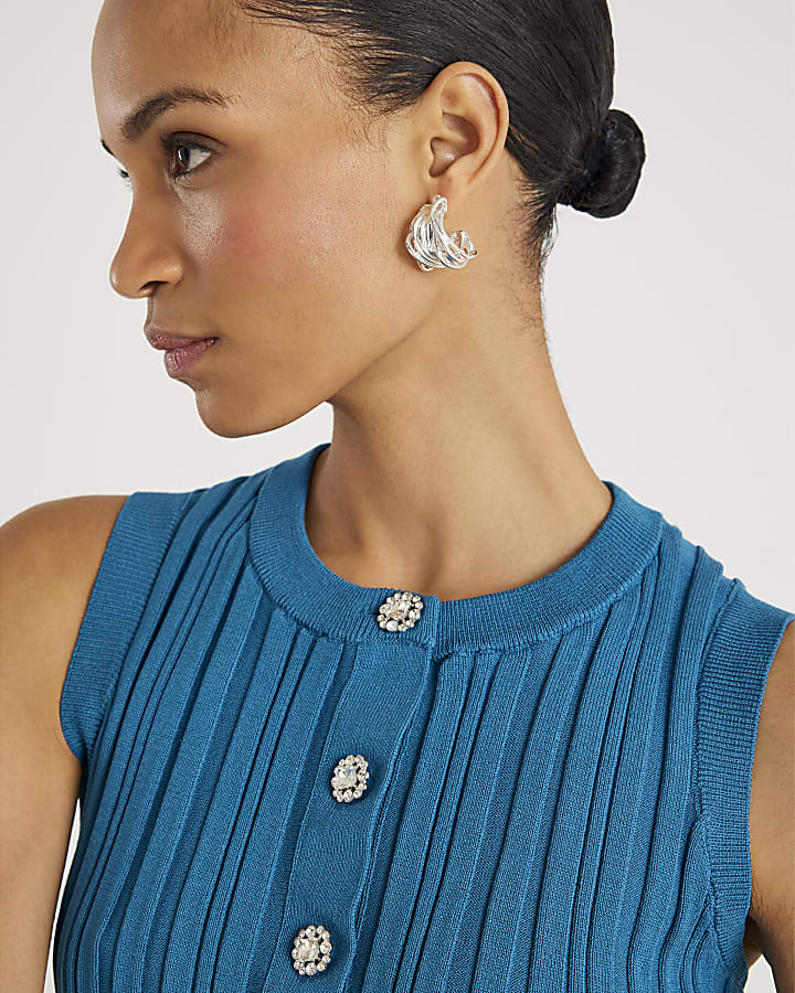 Blue Knit Sleeveless Ribbed Peplum Top