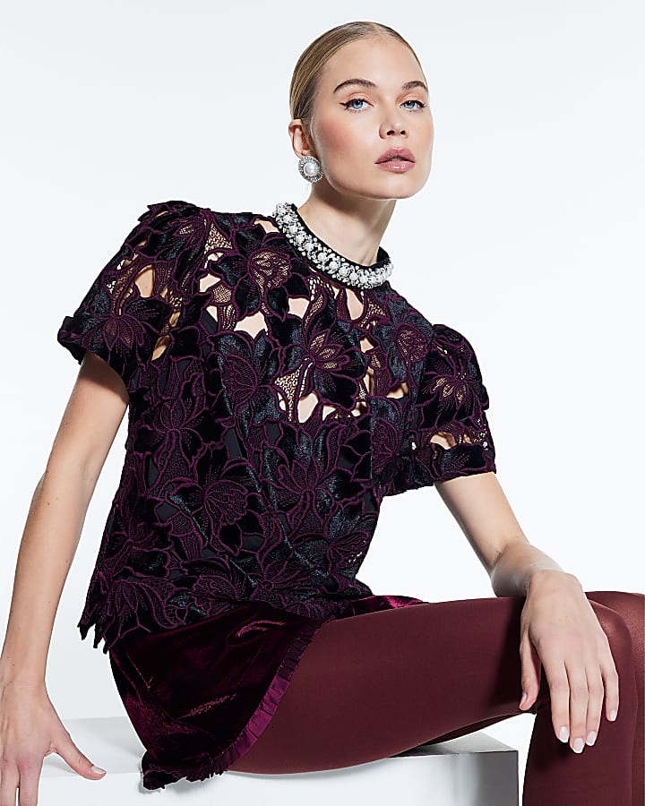 Red Velvet Lace Embellished Top