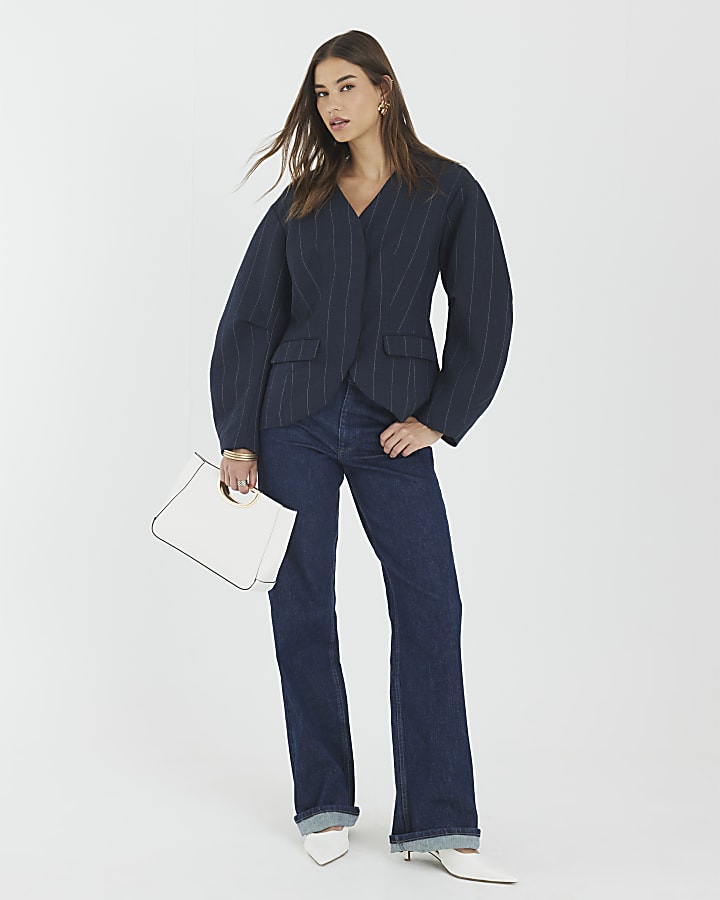 Navy Pinstripe Cocoon Sleeve Blazer