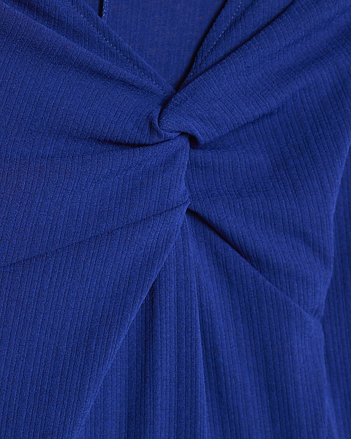 Blue Long Sleeve Twist Front Midi Dress