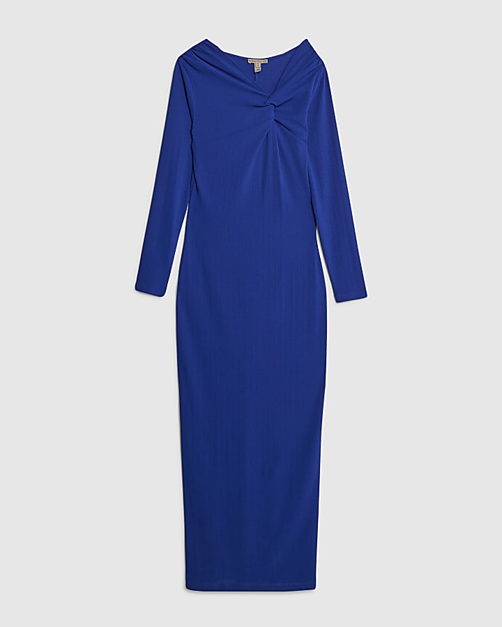 Blue Long Sleeve Twist Front Midi Dress