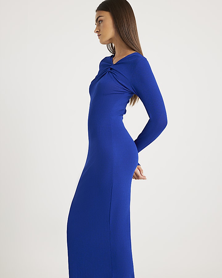 Blue Long Sleeve Twist Front Midi Dress