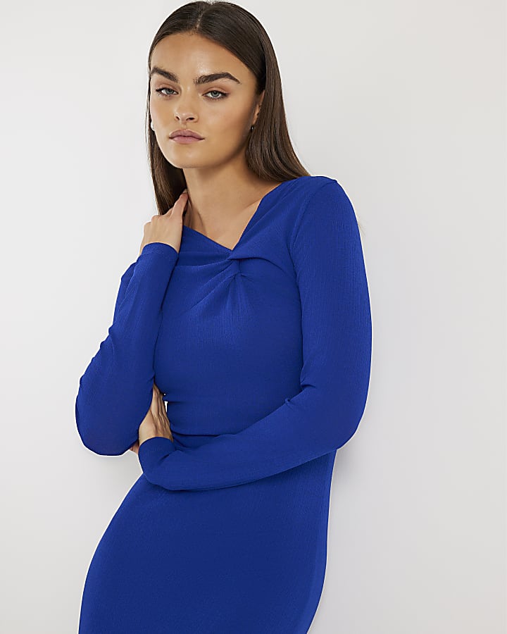Blue Long Sleeve Twist Front Midi Dress