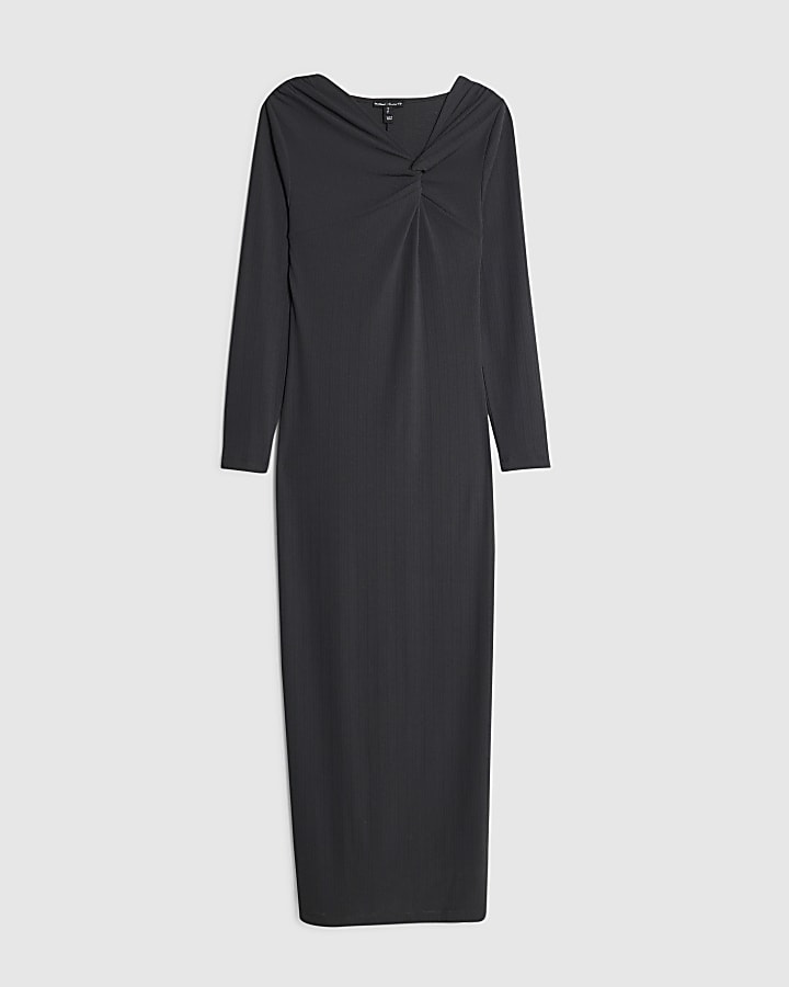 Grey Long Sleeve Twist Front Midi Dress