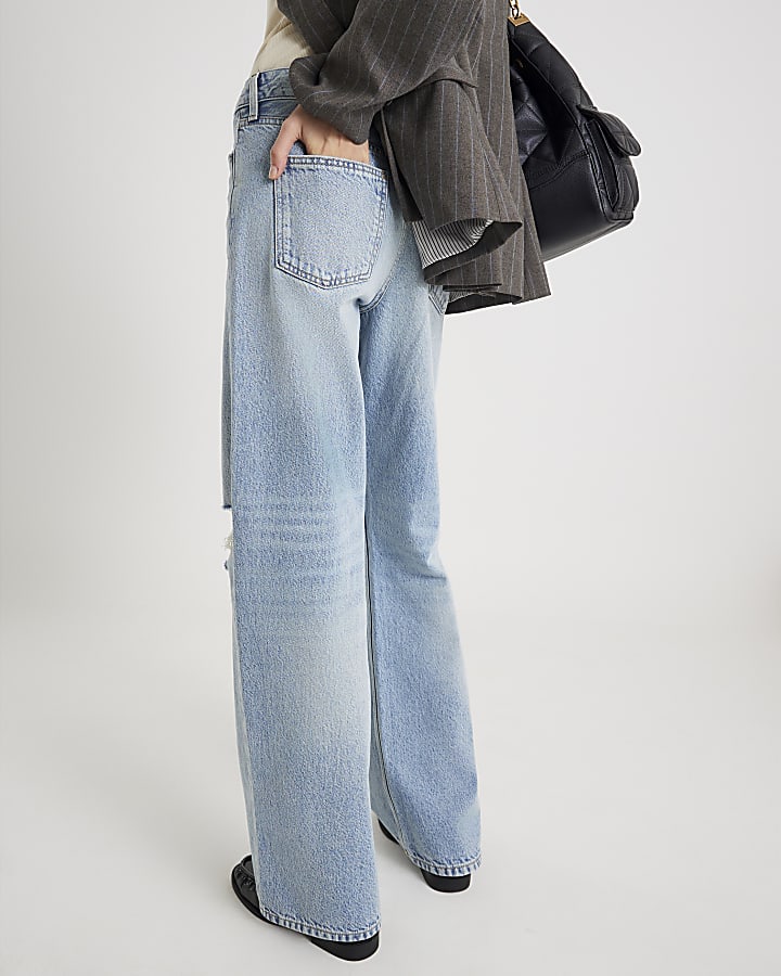 Blue High Rise Relaxed Straight Ripped Jeans