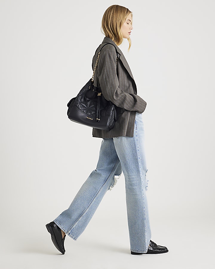 Blue High Rise Relaxed Straight Ripped Jeans