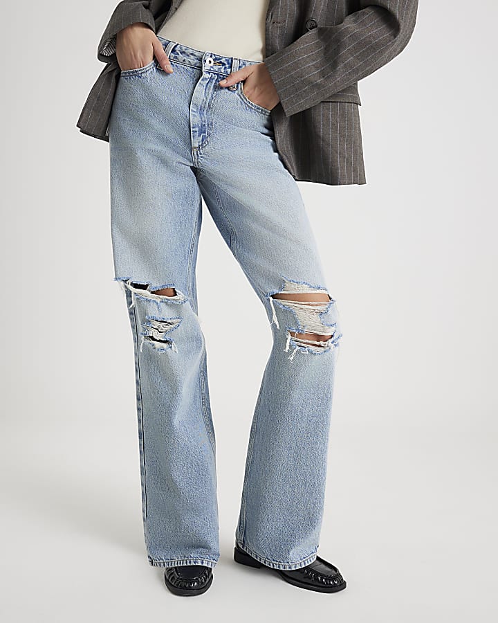 Blue High Rise Relaxed Straight Ripped Jeans