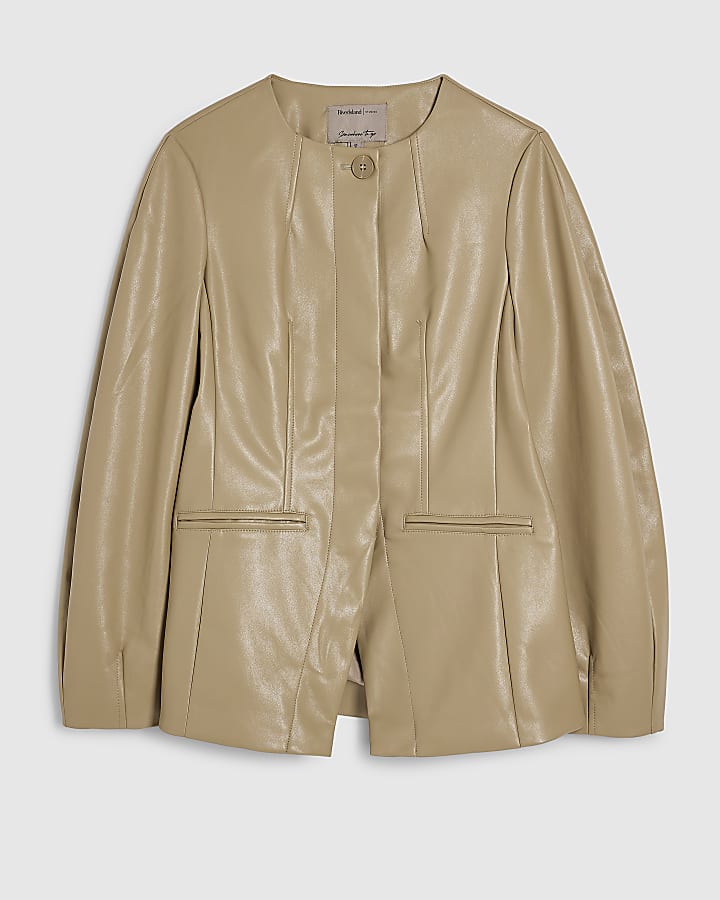 Beige Faux Leather Sculpted Blazer