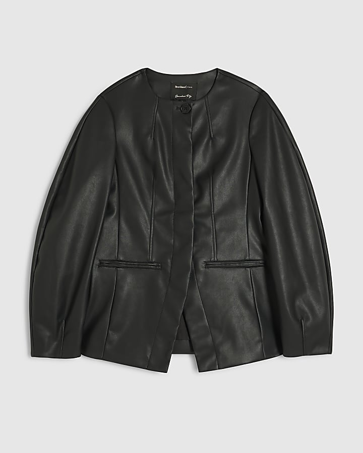 Black Faux Leather Sculpted Blazer