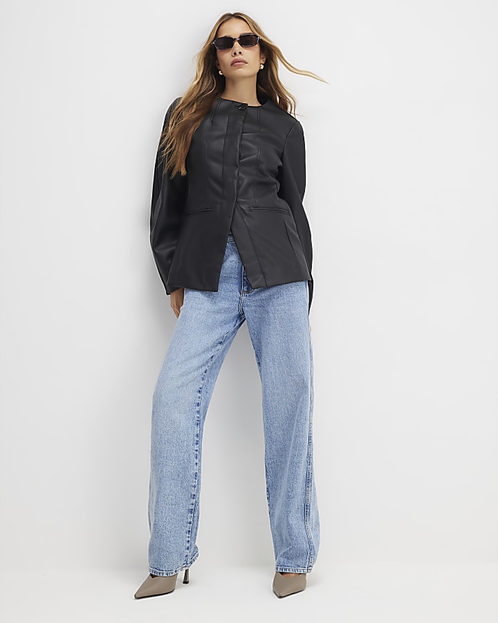 Black Faux Leather Sculpted Blazer