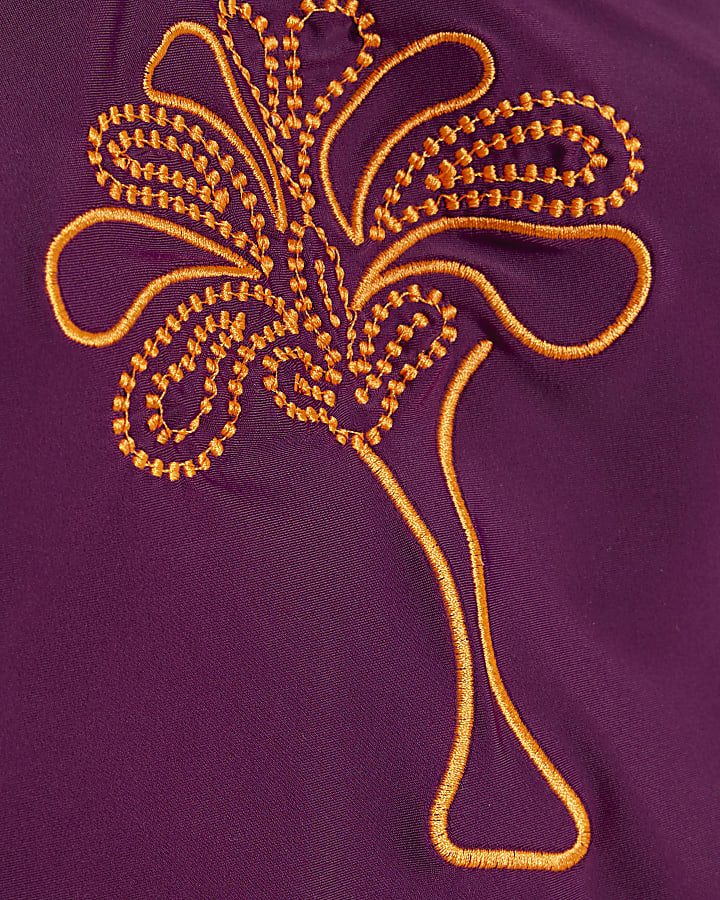 Purple Palm Embroidered Swimsuit