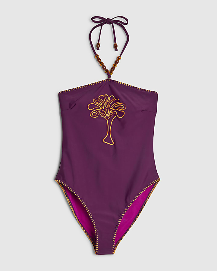 Purple Palm Embroidered Swimsuit