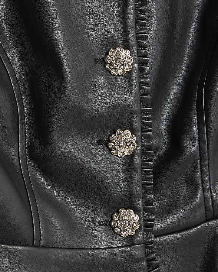 Black Embellished Faux Leather Peplum Top