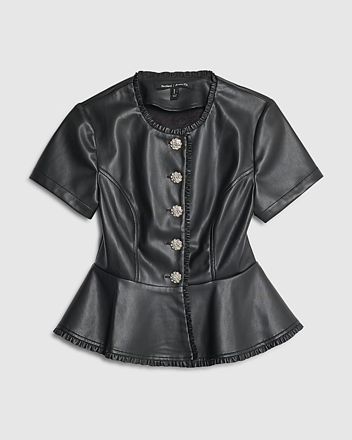 Black Embellished Faux Leather Peplum Top