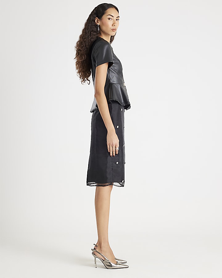 Black Embellished Faux Leather Peplum Top