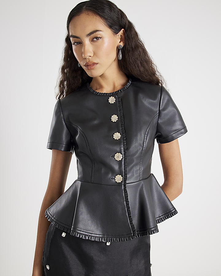 Black Embellished Faux Leather Peplum Top