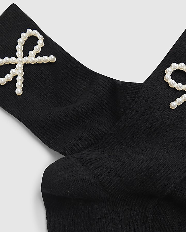 Black Pearl Bow Detail Ribbed Socks
