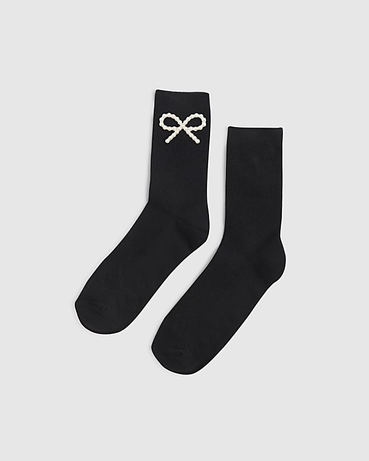 Black Pearl Bow Detail Ribbed Socks