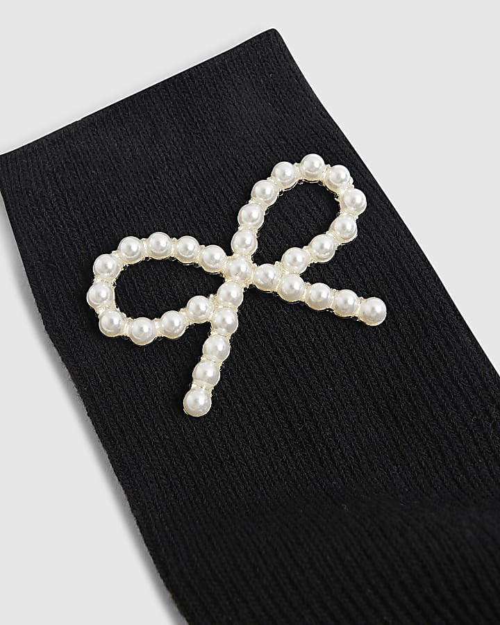 Black Pearl Bow Detail Ribbed Socks