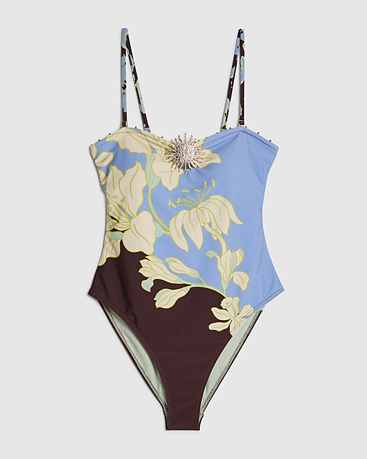 Brown Floral Print Swimsuit