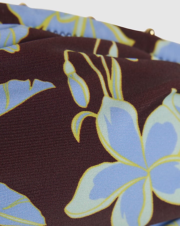 Brown Tropical Print Halter Bandeau Bikini