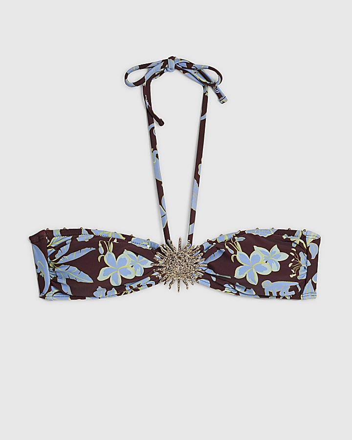 Brown Tropical Print Halter Bandeau Bikini