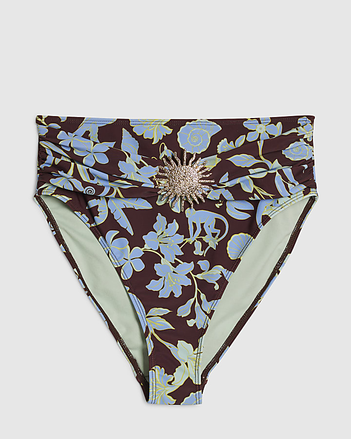 Brown Tropical High Waisted Bikini Briefs