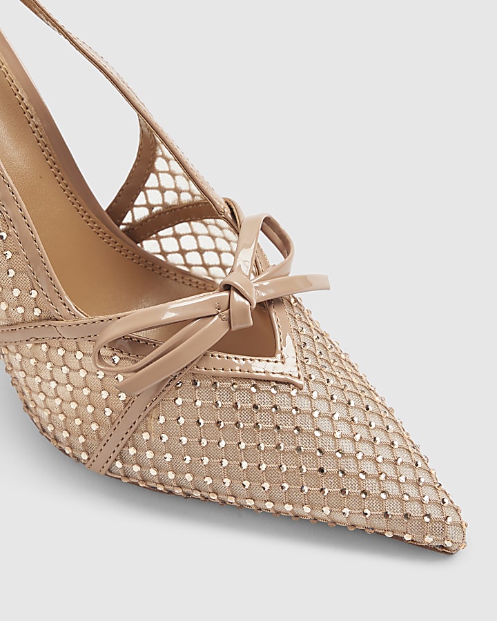 Beige Mesh Bow Sling Back Heels
