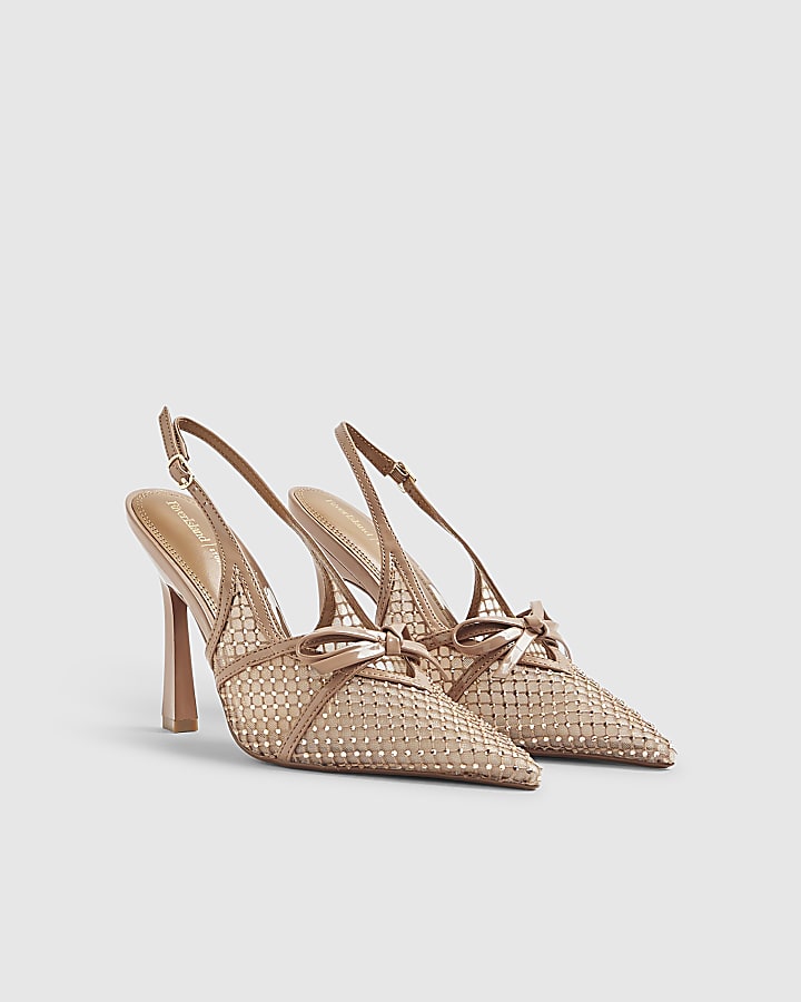Beige Mesh Bow Sling Back Heels