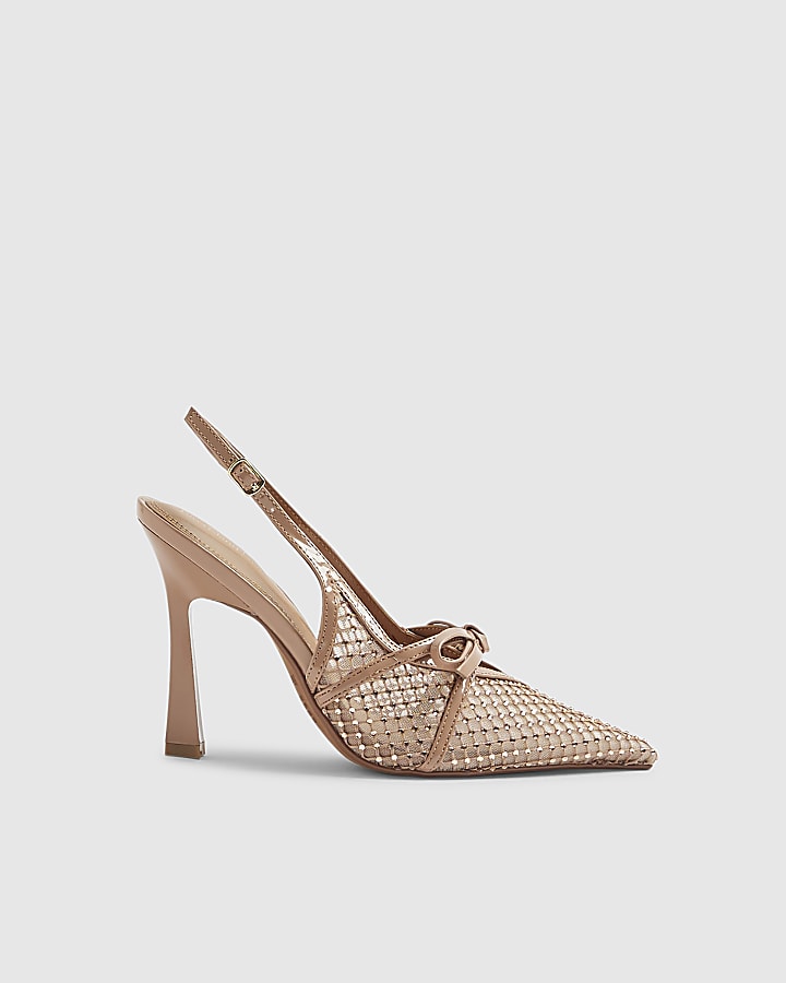 Beige Mesh Bow Sling Back Heels