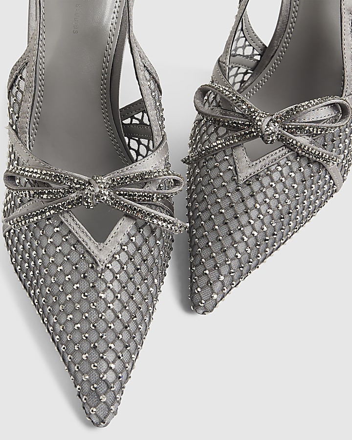 Grey Mesh Bow Sling Back Heels