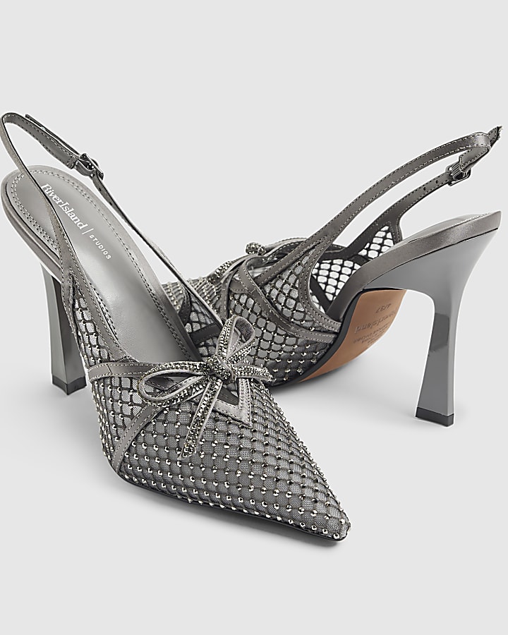 Grey Mesh Bow Sling Back Heels