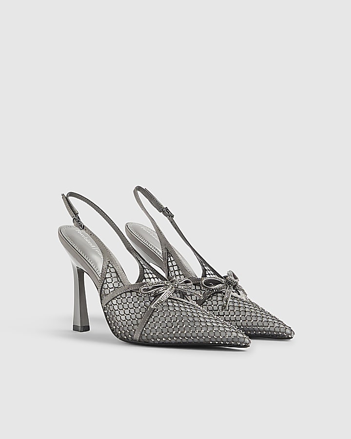 Grey Mesh Bow Sling Back Heels