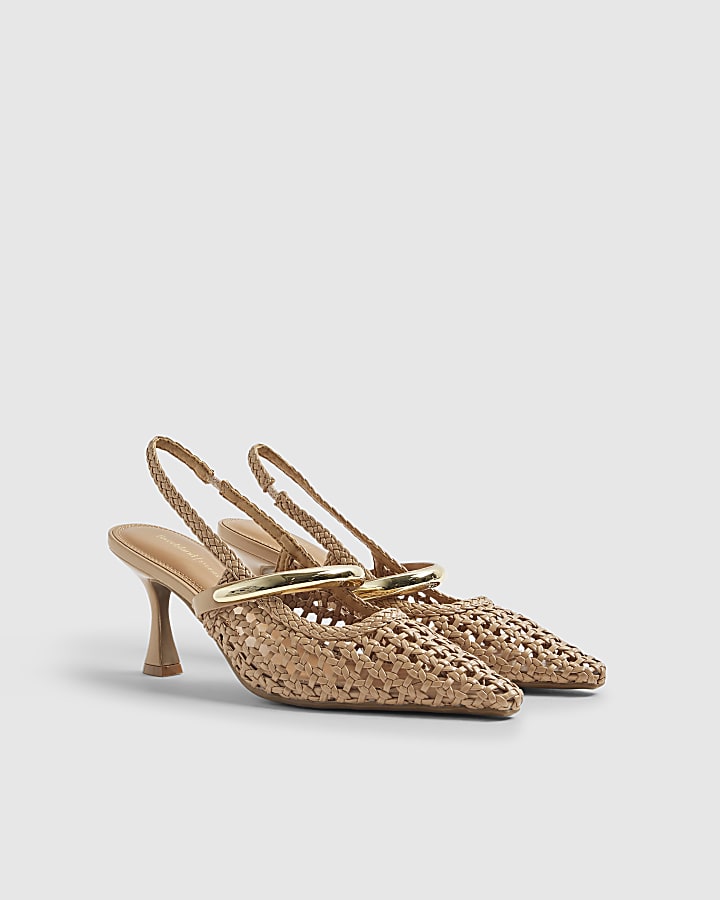 Beige Woven Instep Trim Court Heels