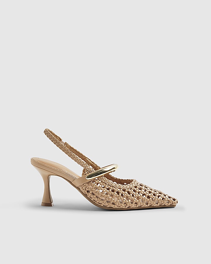 Beige Woven Instep Trim Court Heels