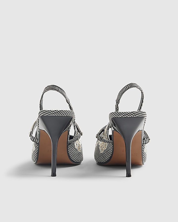 Grey Floral Check Slingback Court Heels